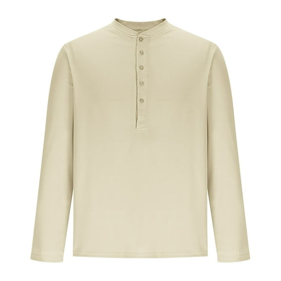 YLSDY Men's Casual Henley Tee Shirt Band Collar Long Sleeve Summer Fall Fashion Solid Tops Hippie Button Up High Neck Shirts Beige XXXL