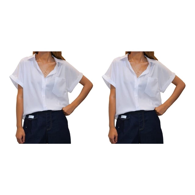 Jumpingount Camisa de mujer Blusa casual de manga corta con bolsillo Trabajo Playa Vacaciones Verano Top Moda Ropa Accesorios Blanco XXL Type1 NO1