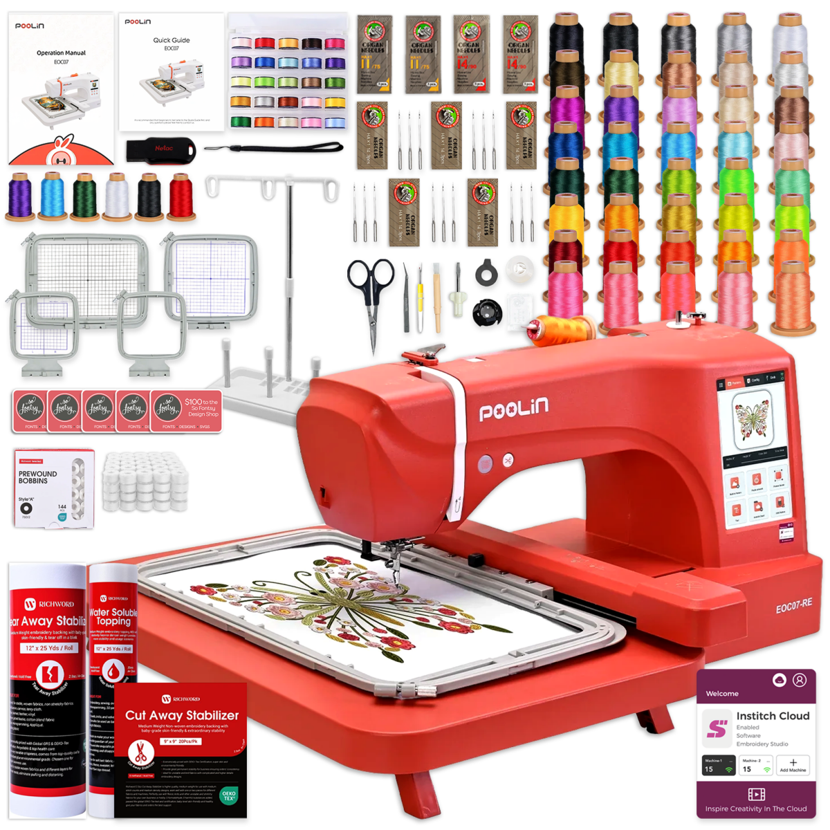 POOLIN EOC07 7.9in x 15in Hoop Area Computerized Embroidery Machine - Red