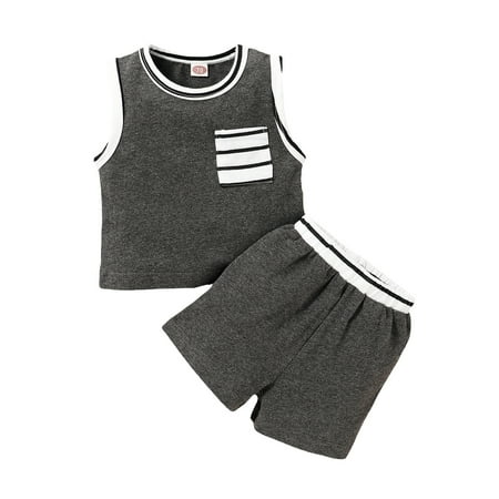 

Kucnuzki 3 Months Baby Boy Summer Outfits Shorts Sets 6 Months Sleeveless Contrats Stripe Prints Cozy Tank Tops Elastic Cozy Shorts 2PCS Set Gray