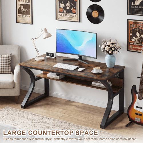 47-Inch Computer Desk with Storage, Sturdy U-Shaped Metal Frame Home Office Study Table, Rustic Brown