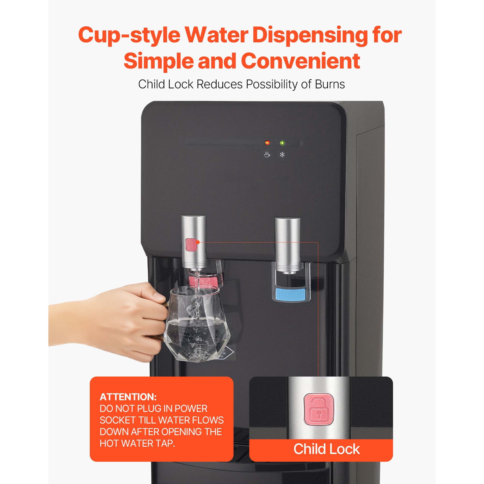 KFFKFF Top Loading Water Cooler Dispenser, Hot and Cold Water Dispenser for 3 or 5 Gallon Bottles, Durable Stainless Steel Design with Child Safety Lock, Suitable for Homes, Kitchens, Offices, Black