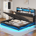 thumbnail image 5 of Queen Bed Frame with Lift Up Storage, Charging Station & RGB Lights, PU Leather Upholstered Bed with Headboard, No Box Spring Needed, Hydraulic Storage, Heavy Duty Wooden Slats, PU Black, 5 of 8