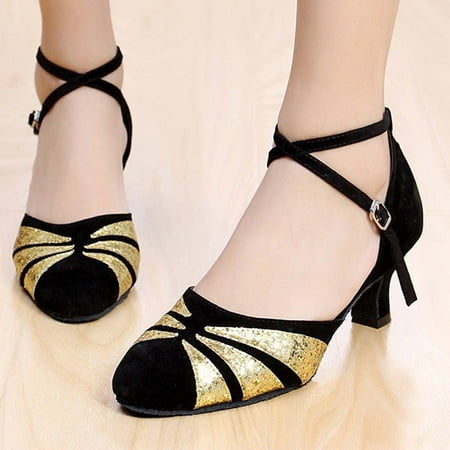 

Ecqkame Women s Middle Heels Shoes Clearance Women s Ballroom Tango Latin Dancing Shoes Sequins Shoes Social Dance Shoe Gold 36