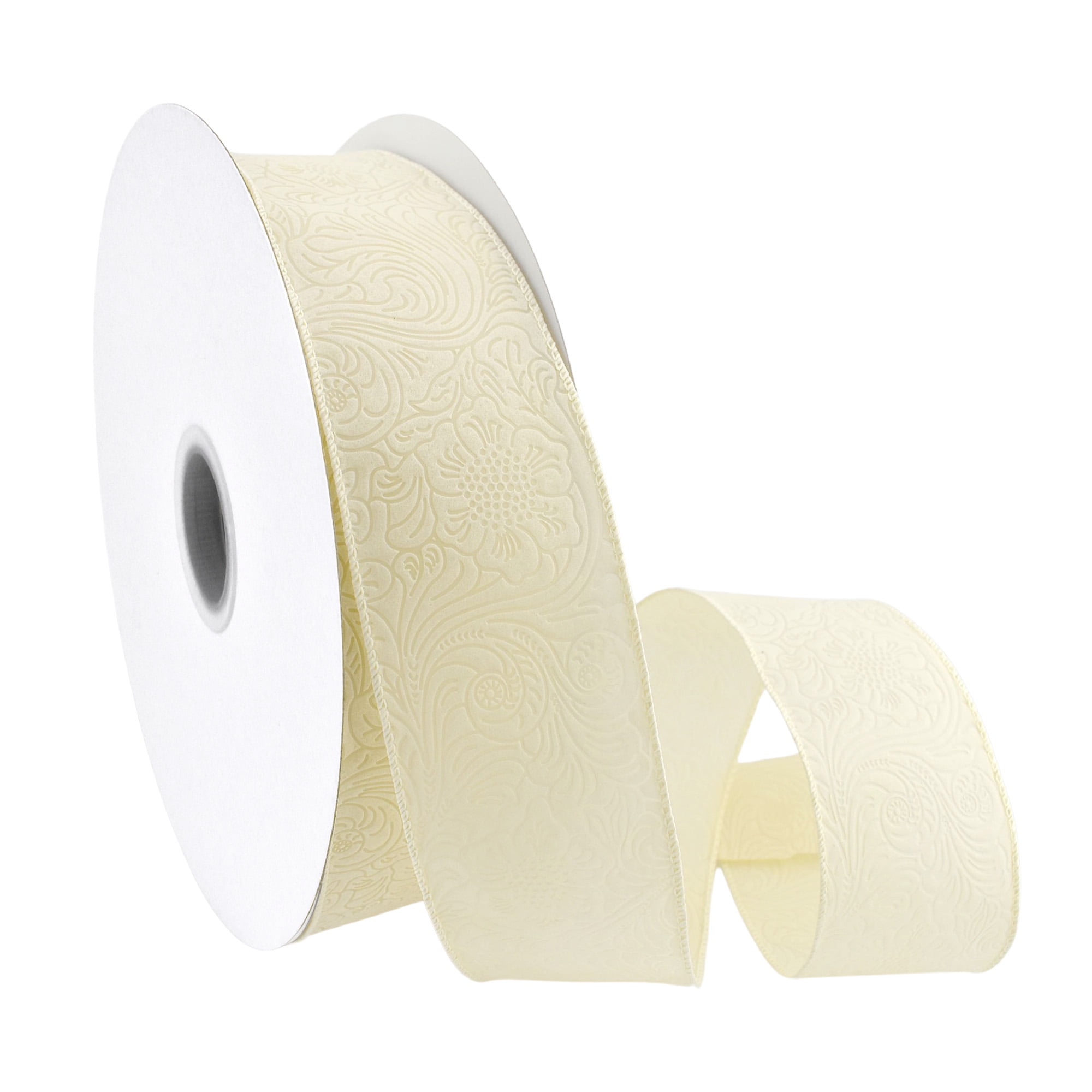 Homeford Embossed Flowers Hot Cut Edge Floral Wrap Ribbon, 2-1/2-inch, 50-yard, Ivory