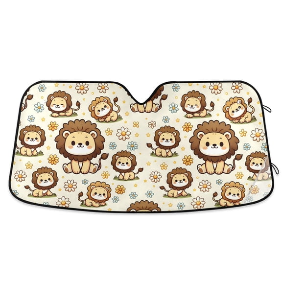 Cartoon Lion and Daisy Car Windshield Sun Shade Foldable Car Front Window Visor Heat and UV Protection 53x23.5