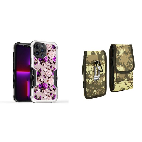 Case and Pouch Bundle for iPhone 14: Heavy Duty Armor Rugged Case (Purple Pink Flowers) and Vertical Rugged Nylon Belt Holster (Digital Camo)