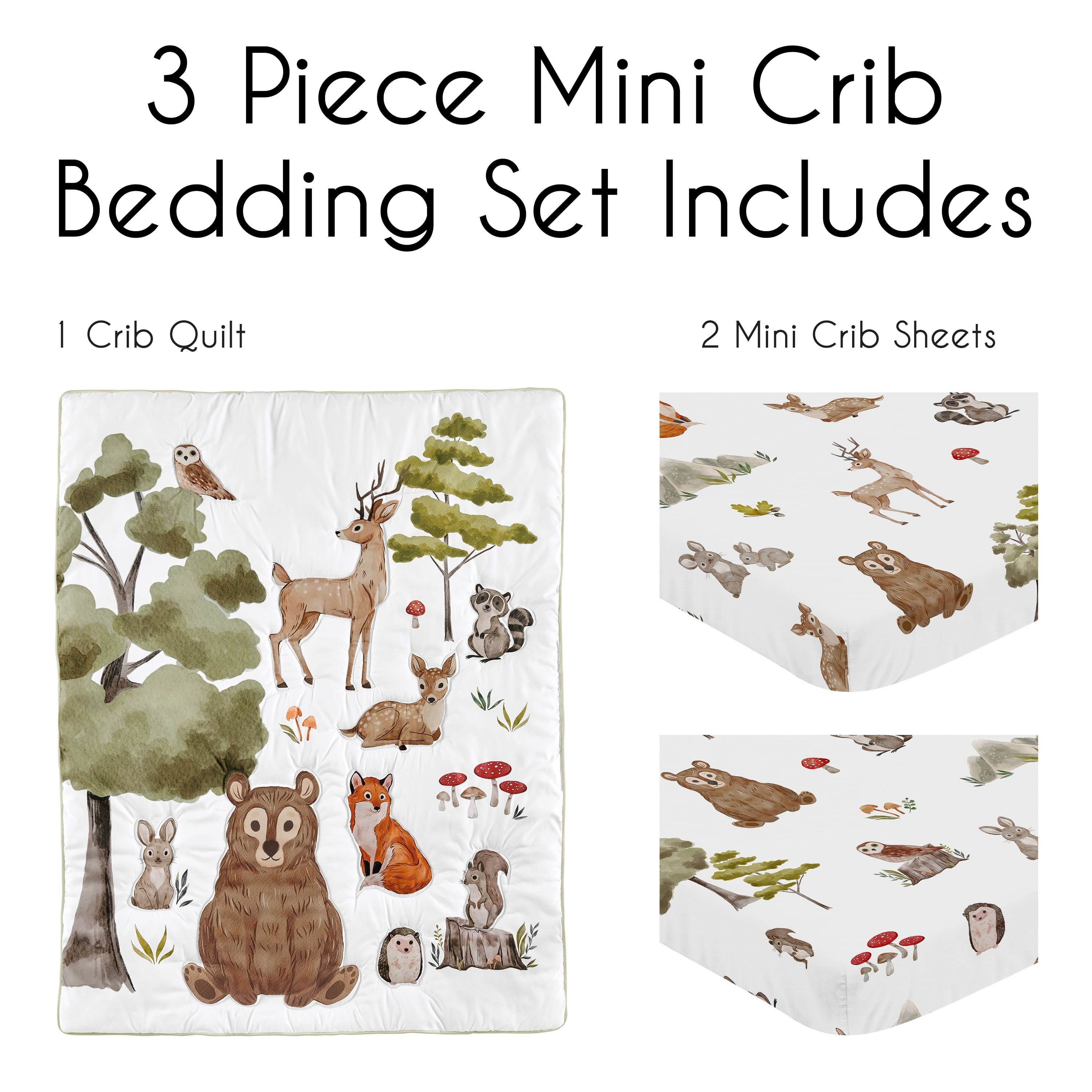 Sweet Jojo Designs Watercolor Woodland Forest Animals Boy Girl Gender Neutral Unisex Mini Crib Bedding Set 3 Piece