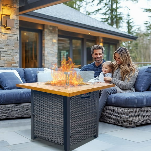 High Quality Outdoor Fire Pit Unit, 50,000 BTU Propane Gas Fire Table with Lid, Fireplace with Glass Weatherproof Wicker Base for Garden, Patio, Backyard