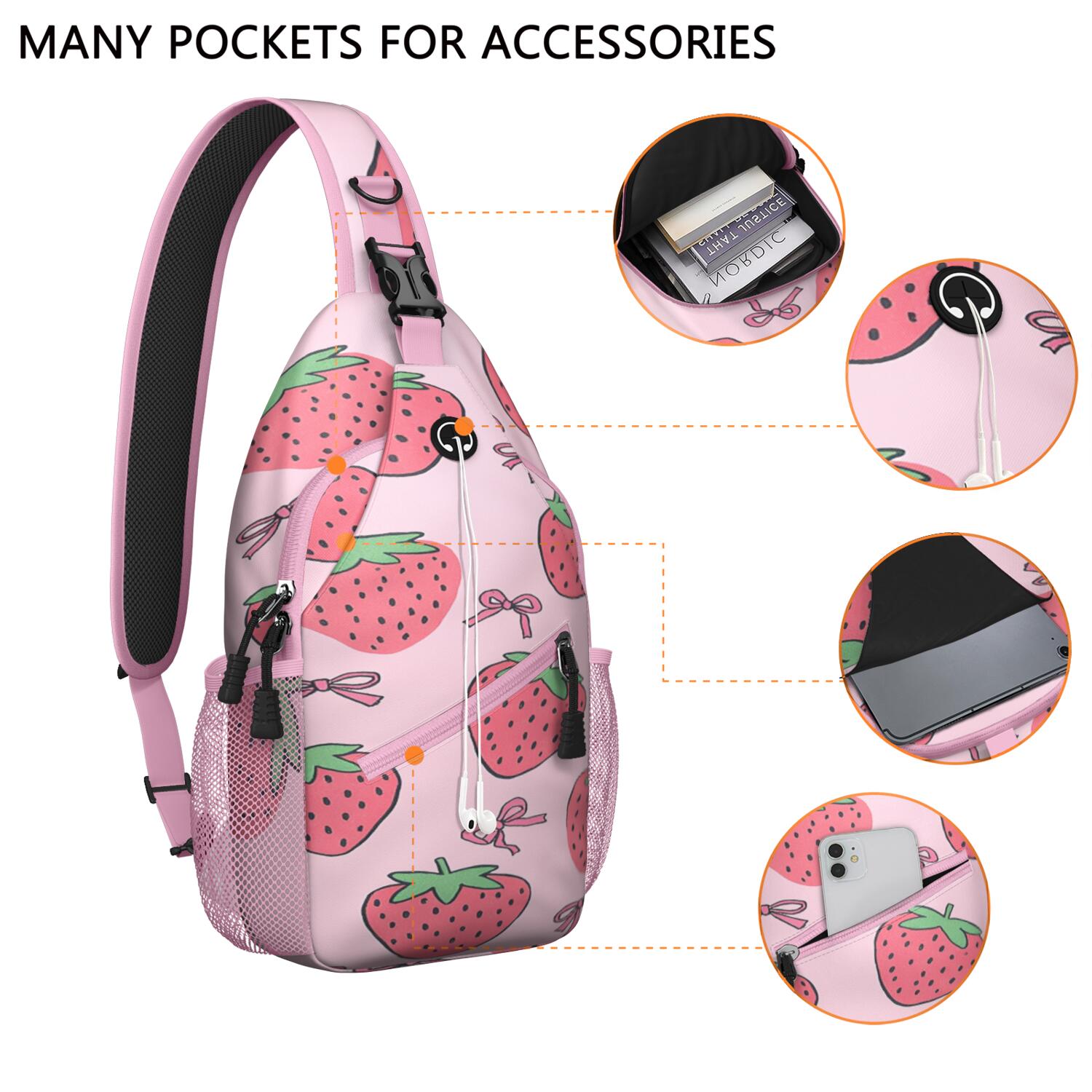 Chest Bag Crossbody Shoulder Bag Adjustable Shoulder StrapTravel Sling Bag for Hiking Dating Gym Cycling Working Strawberry Bow