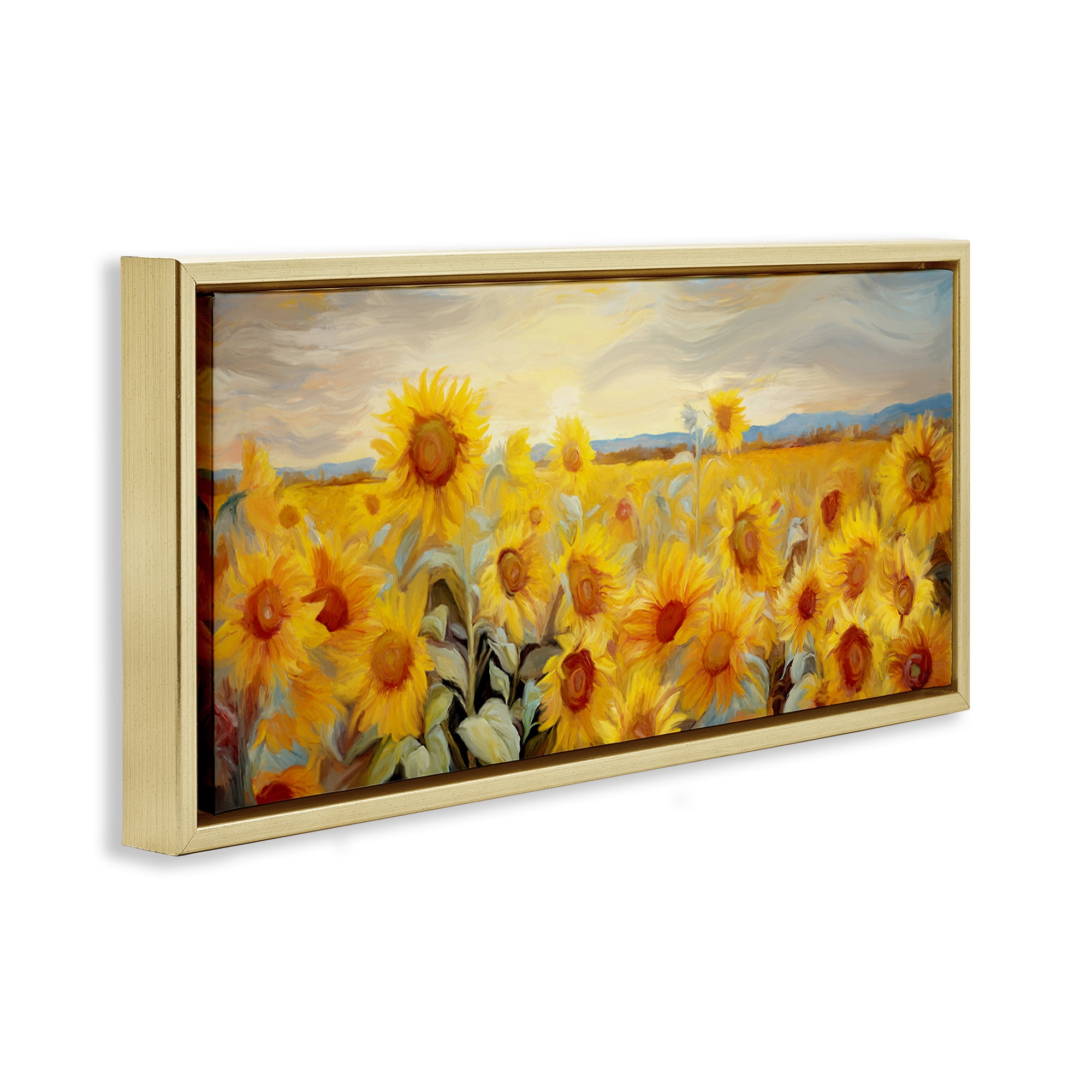 Stupell Industries Panoramic Sunflower Field Landscape & Nature Painting Gold Floater Framed Canvas Art Print Wall Art, 25 x 11
