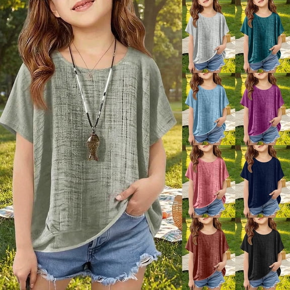 Aihuaihua Linen Tops for Girls Oversized Summer Boho Short Sleeve Shirts Kids Plain Loose Lightweight Beach Blouse Black 13-14 Years