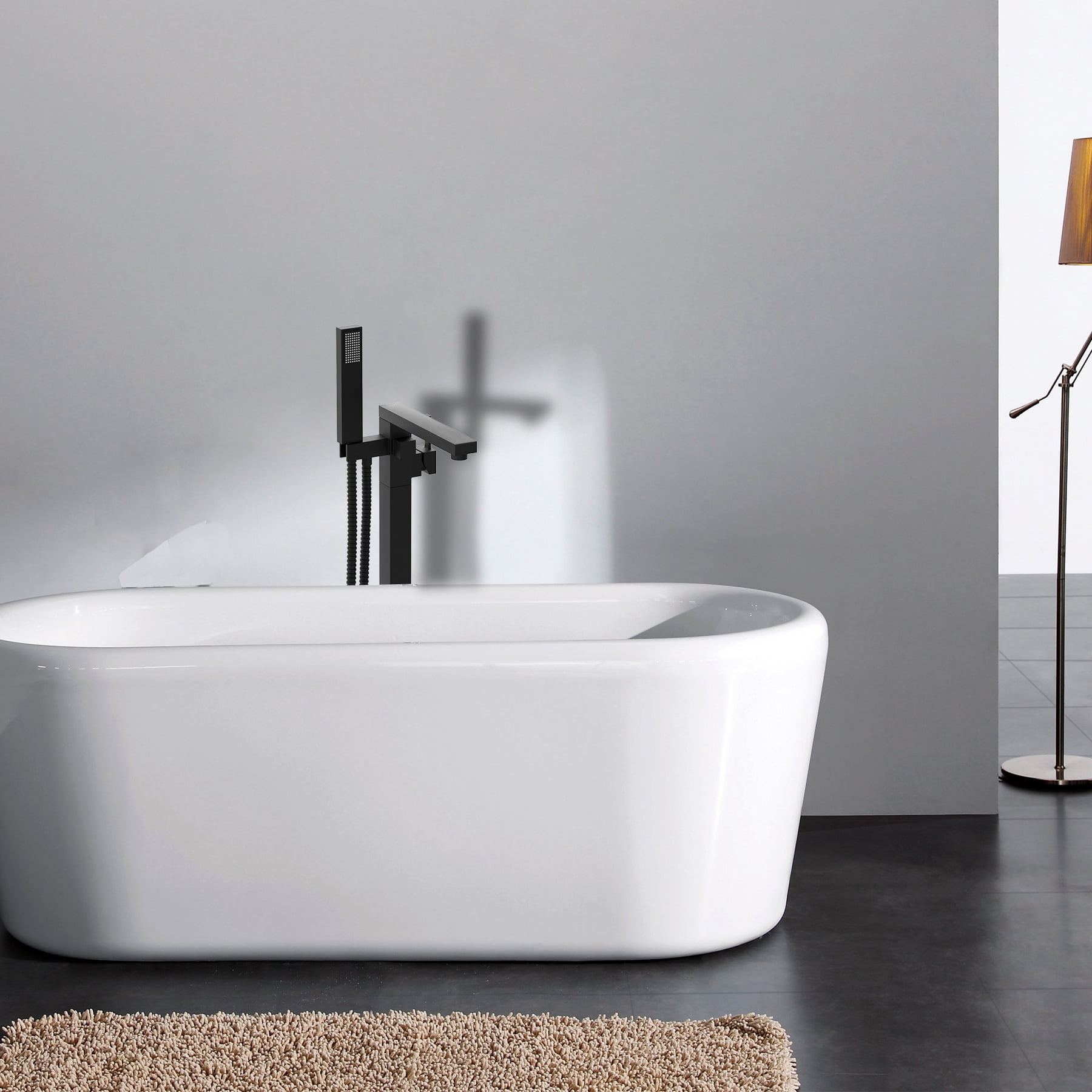 Freestanding Bathtub Faucet Floor Mount Tub Filler Single Handle Stainless Steel  Standing Bathtub Tap with Handheld Spray Swivel Right Angle Spout Brushed Nickel
