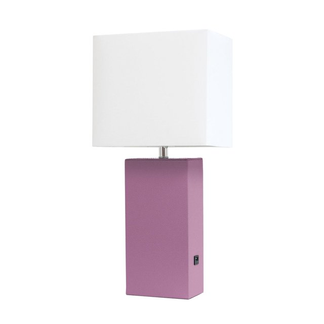 Modern table lamp with rectangular purple leather base and white fabric shade, including USB port on the side.