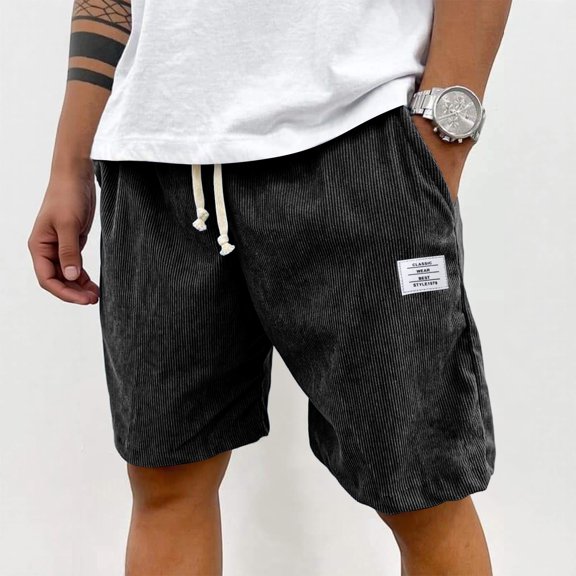 Nestiefly Mens Corduroy Shorts Casual Elastic Waist Drawstring Lightweight Summer Beach Shorts with Pockets Black S