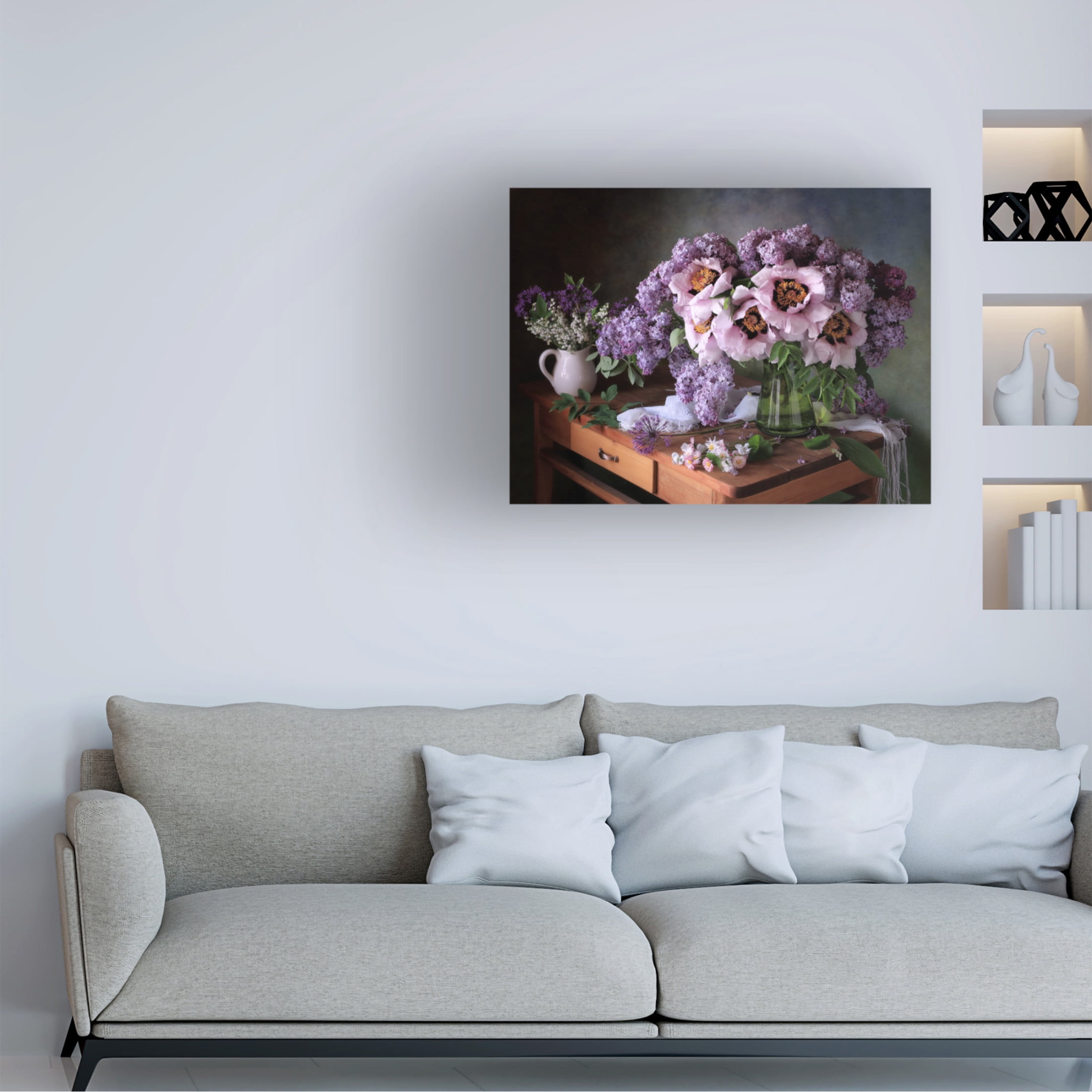 Trademark Fine Art Tatyana Skorokhod  Still life with a bouquet of peonies and lilacs Canvas Wall Art