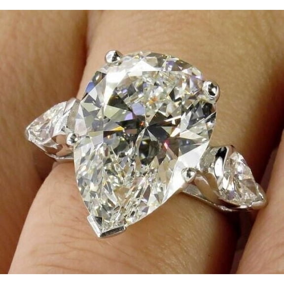 Three Stone 3.00 Ct Pear Cut Real Treated Diamond Engagement Ring Solid 14K White Gold