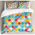 thumbnail image 1 of Quatrefoil Duvet Cover Set King Size, Kids Colorful Petal Clover Leaves Pattern Bohemian Casual Kids Theme, Decorative 3 Piece Bedding Set with 2 Pillow Shams, Red Turquoise Yellow, by Ambesonne, 1 of 3