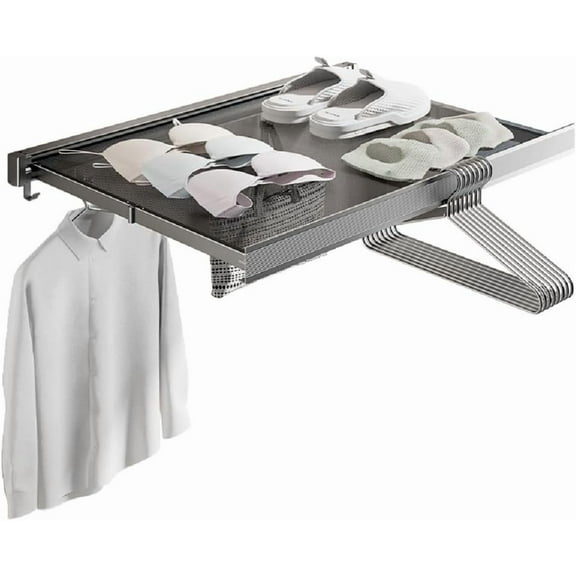 Invisible Retractable Wall Mounted Drying Rack 23.62” Mesh Laundry Drying Rack Bathroom Shelf with 8 Hooks, Gray