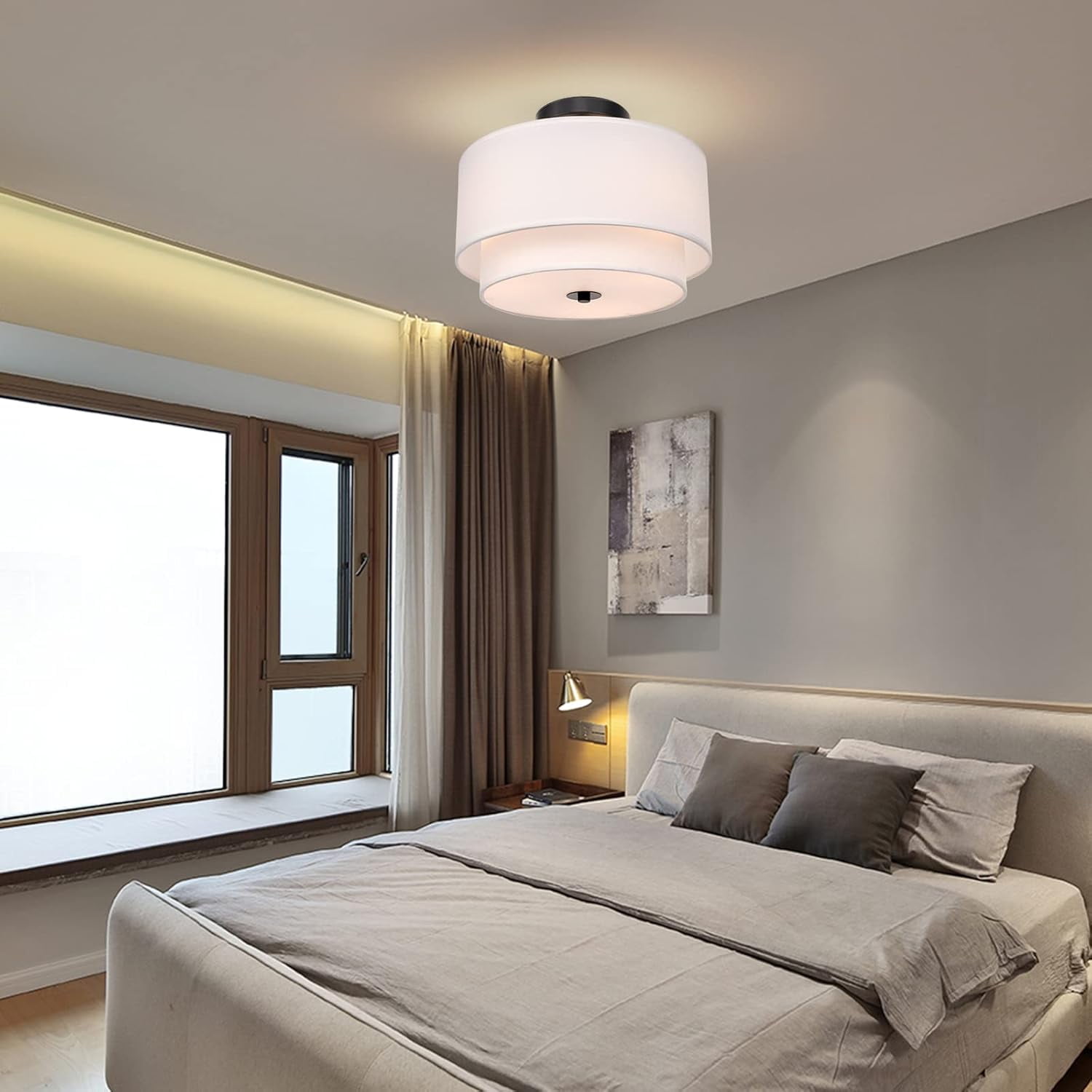 FRIDEKO HOME 3-Light Semi Flush Mount Ceiling Light Fixture, 12.6inch Modern Ceiling Light with 2-Layer White Drum Fabric Shade for Bedroom,Living Room,Kitchen,Hallway(Without Bulb)