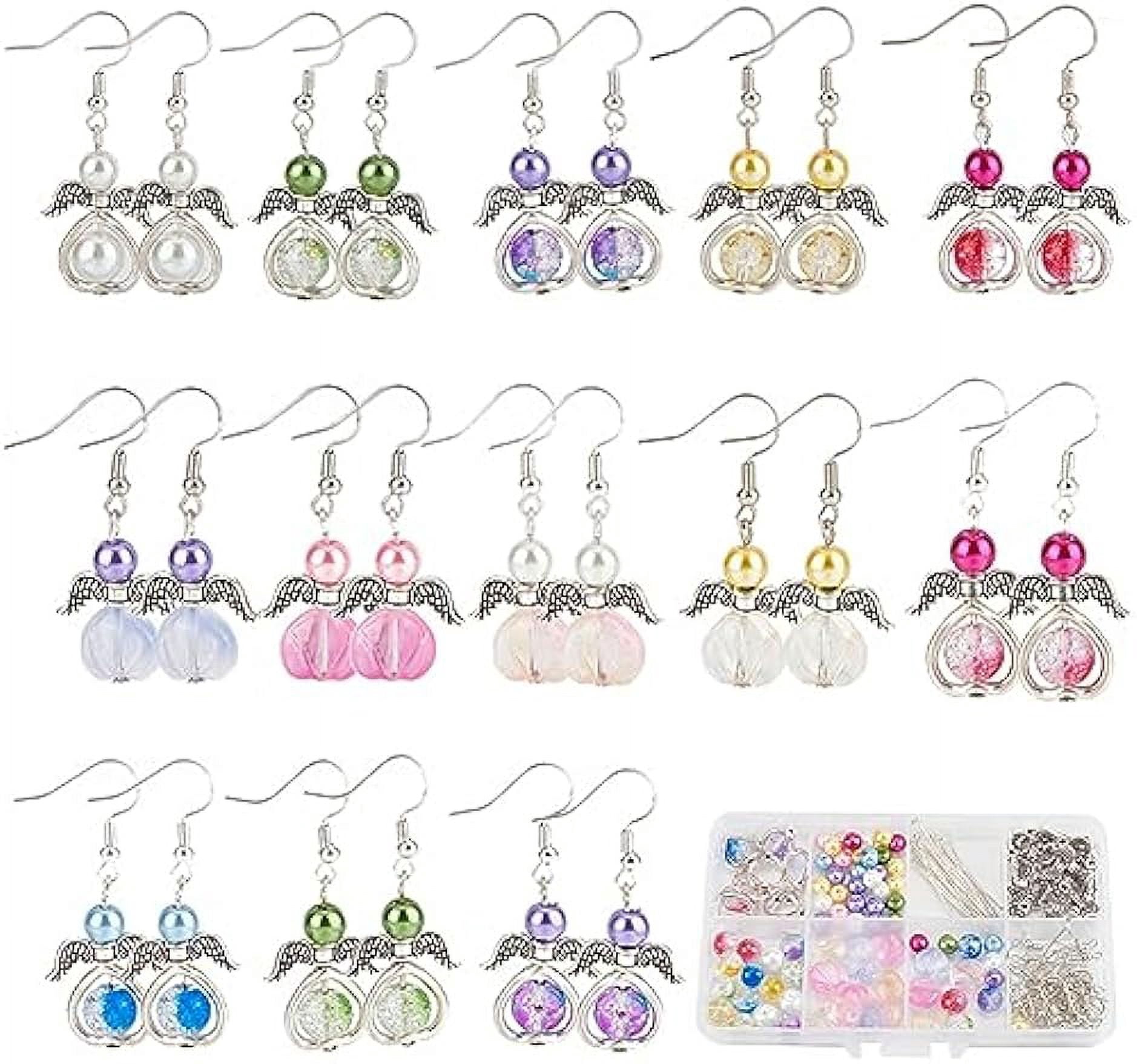 1 Box DIY 20 Pairs Guardian Angel Charms Christmas Beading Angel Beads Earrings Making Starter Kit Angel Wing Bead Heart Bead Frames Round Crackle Beads for Jewelry Making Kits Women Craft