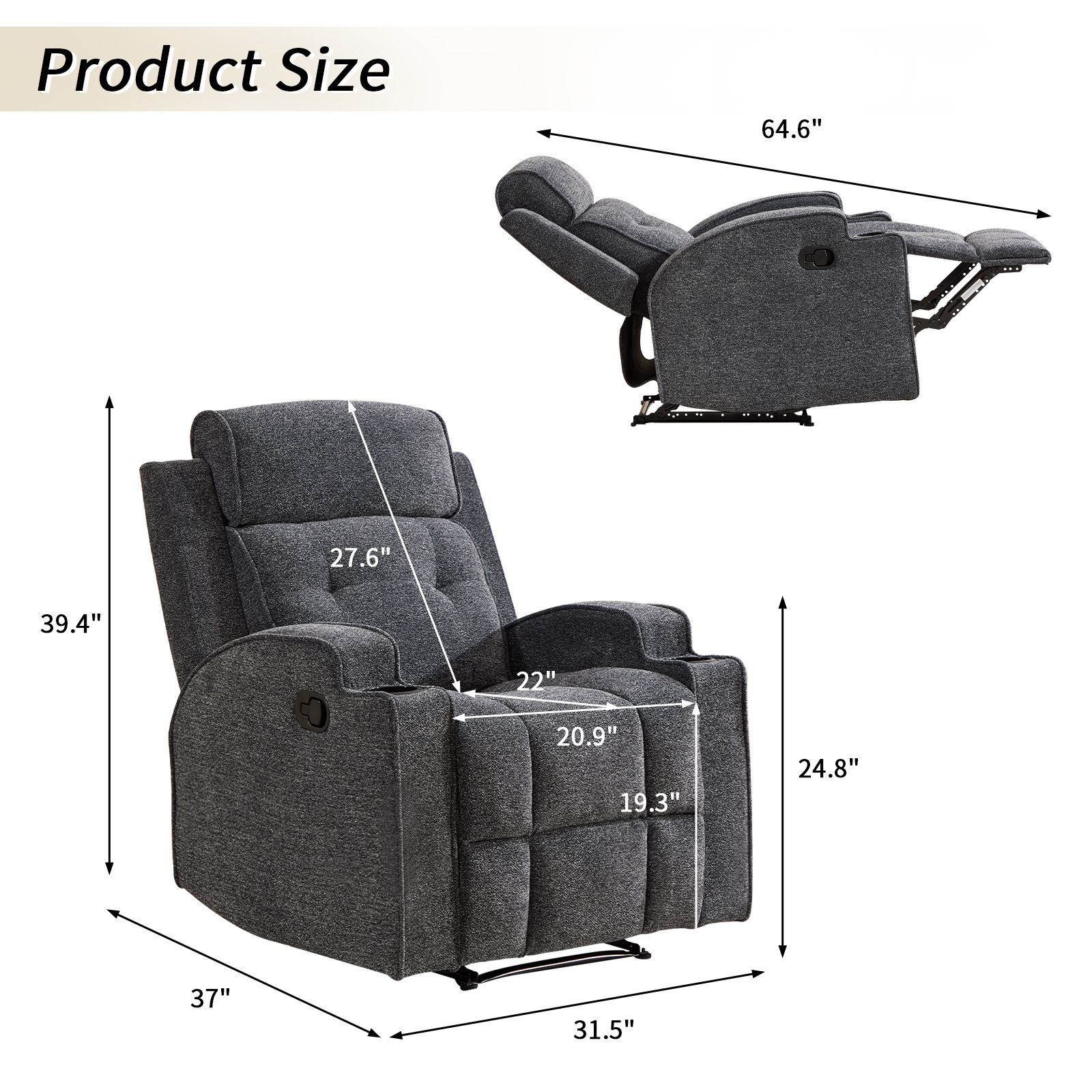 Bonzy Home Fabric Manual Recliner Chair — Modern Single-Seat Recliner with Padded Armrests & Backrest for Living Room & Bedroom