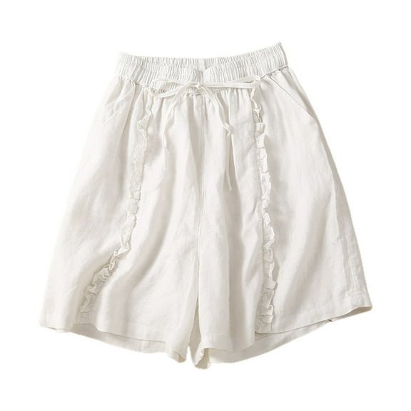 JLFKNG Womens Casual Shorts Summer Cotton Linen High Waist Wide Leg Shorts With Ruffled Hem Retro Vintage Loose Fit Shorts With Elastic Waist Drawstring Womens Dailywear