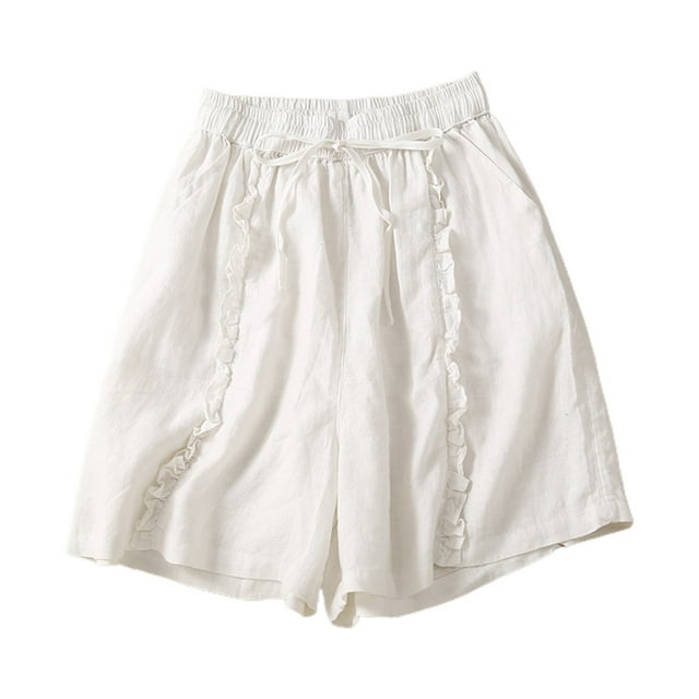 Shorts Larges en Lin Taille Haute d'Été pour Femmes - Ourlet à Volants Rétro Vintage Décontracté