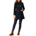 thumbnail image 2 of Unique Bargains Women's Stand Collar Hooded Double Breasted Winter Long Overcoat XS Navy Blue, 2 of 6