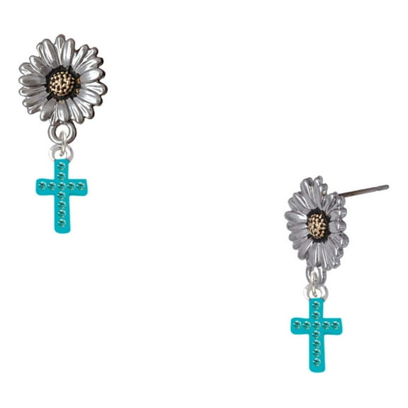 Delight Jewelry Silver-tone Small Teal Crystal Cross - Two-tone Daisy Flower Post Earrings