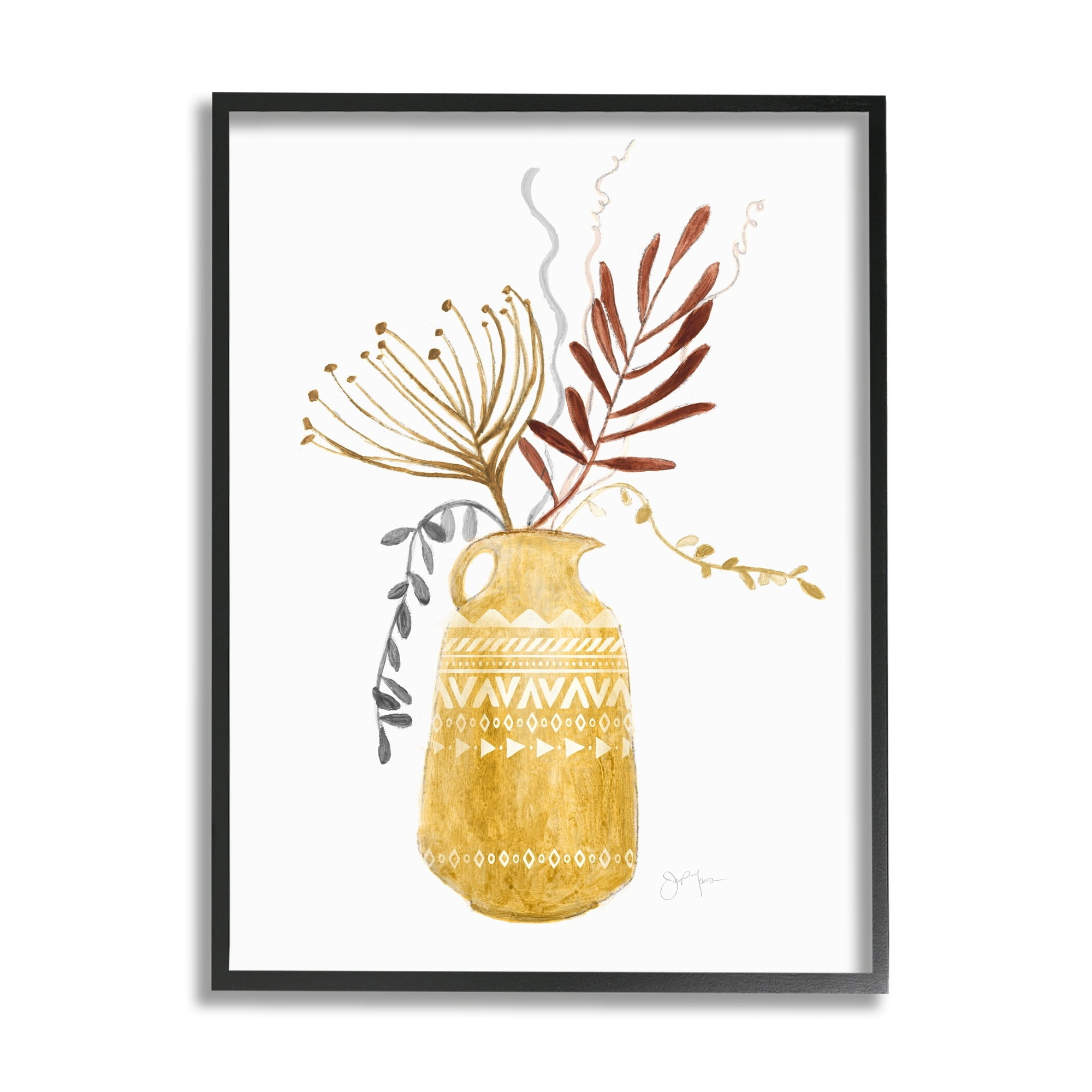 Tava Studios Boho Botanical Still Life Geometric Aztec Patterned Vase 11 in x 14 in Framed Painting Art Print, by Stupell Home Décor