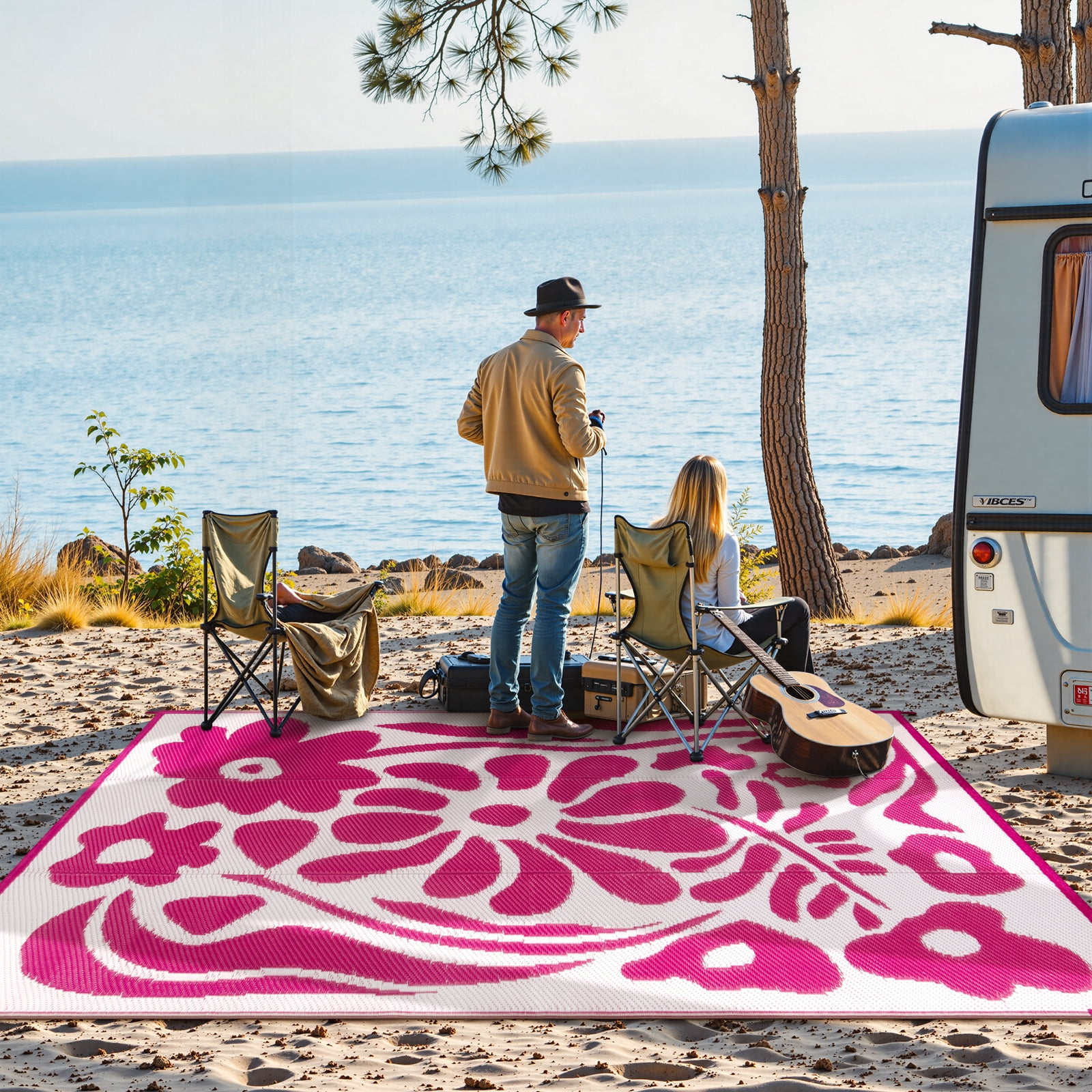Wonnitar 5x8 Waterproof Outdoor Rugs, Plastic Straw RV Rug for Outside, Portable RV Outdoor Rugs for Camping, Pink Floral Picnic Carpet for Patio Garden