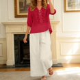 thumbnail image 2 of Solid Color Summer Embroidered V Neck Three Quarter Sleeve Top and Wide Leg Pants Two Piece Outfit for Women Beach Red L, 2 of 4