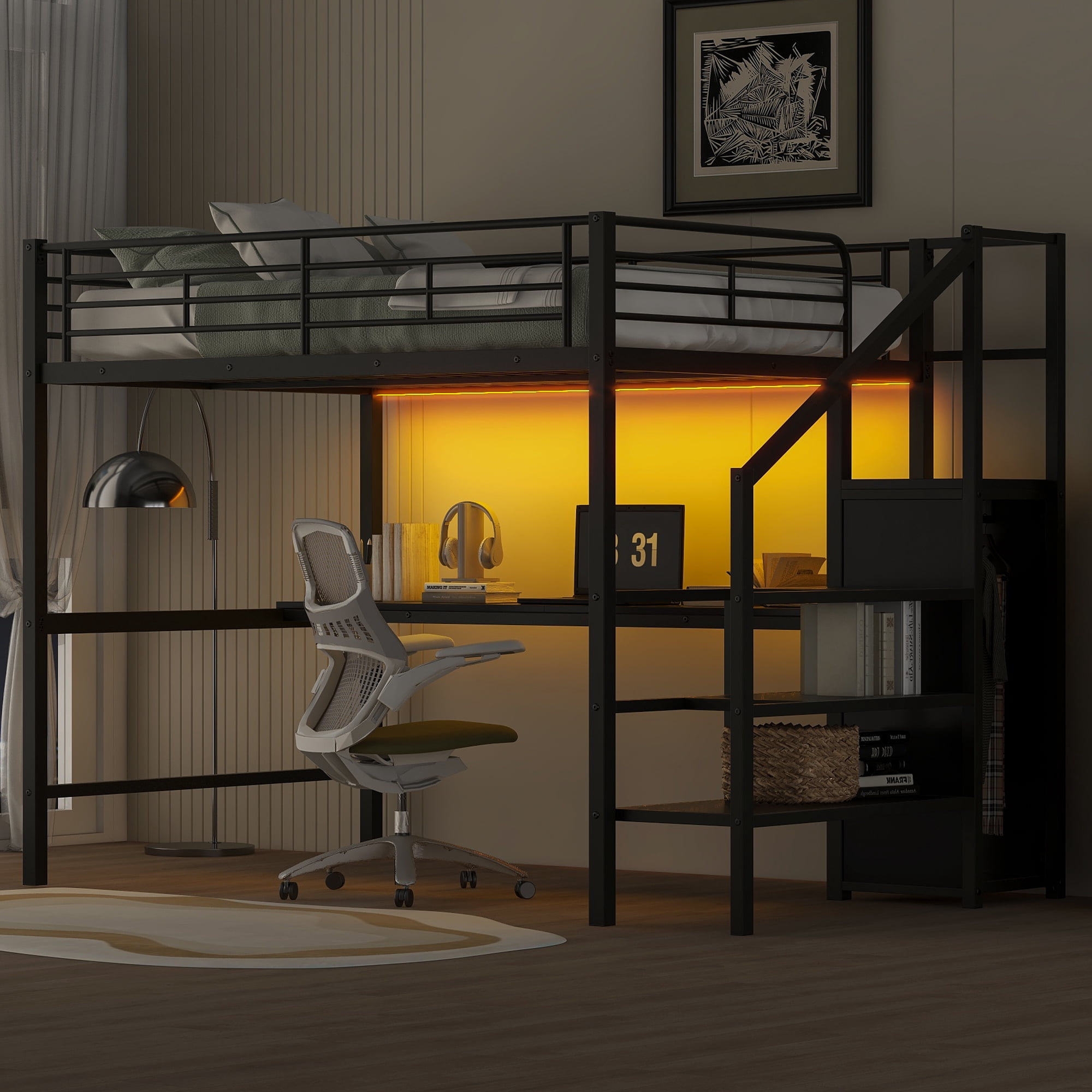 EUROCO Modern Metal Full Size Loft Bed with Wardrobe, Shelf and Desk with LED Light, Storage Staircase for Kids Teens, Black