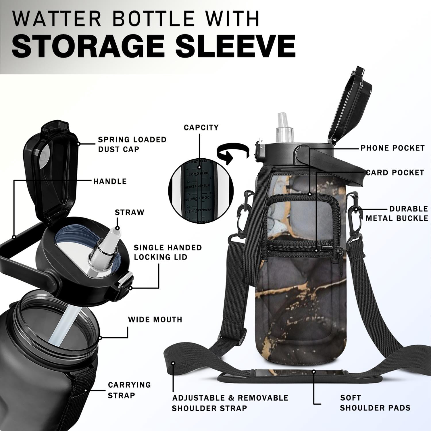 Marble Black&gold 64 Oz Half Gallon Water Bottle with Sleeve - BPA Free Leakproof Sport Large Plastic Water Bottle with Straw&Time Marker &Insulated Neoprene Holder Carrier Bag Gift for Women Men