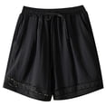 thumbnail image 3 of Shorts for Women Summer Cotton Linen Elastic Waist Lace Hollow out Hem Wide Leg Vintage Boho Casual Shorts with Pockets, 3 of 4