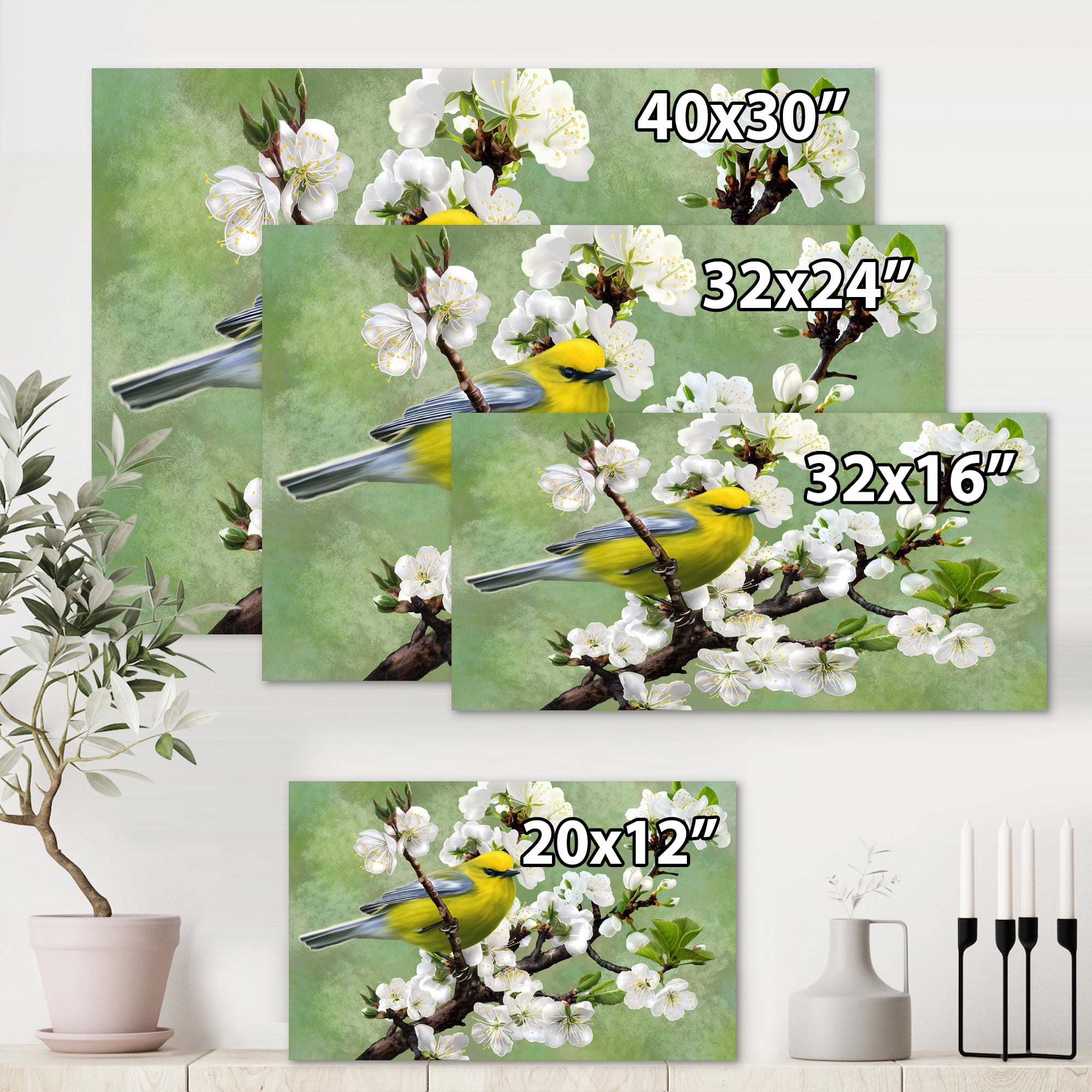 Designart ' Bird Sitting On A Branch of Cherry ' Traditional Canvas Wall Art Print