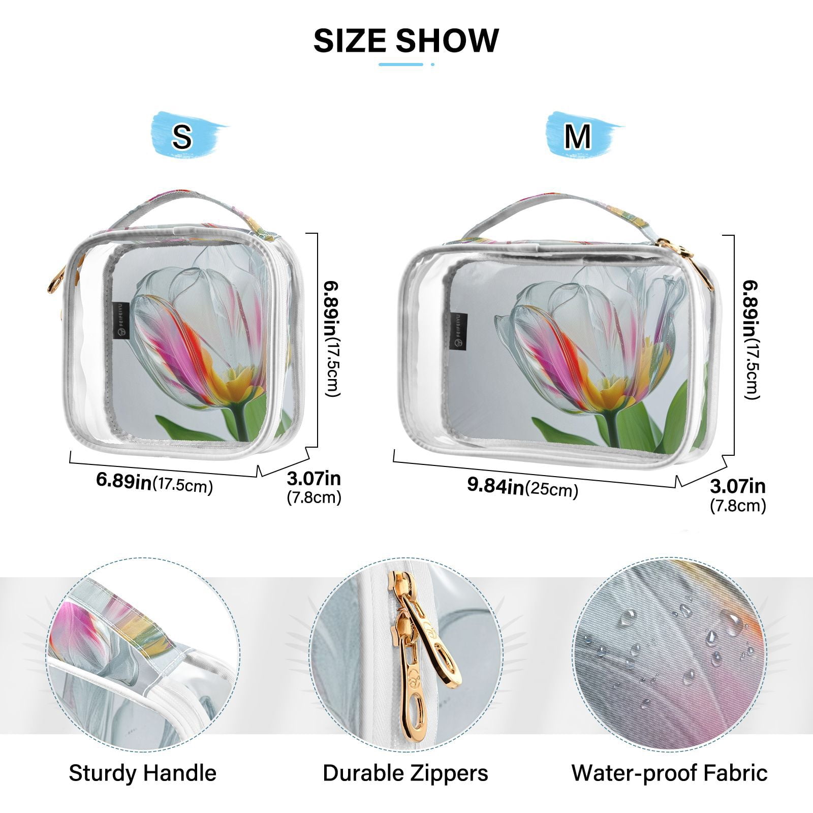 Clear Makeup Bags with Handle Large Opening 2 Pack Set Toiletry Bag Quart Size Bag, for Women Man Traveling Travel Essentials, Toiletries and Other. Transparent Tulipa