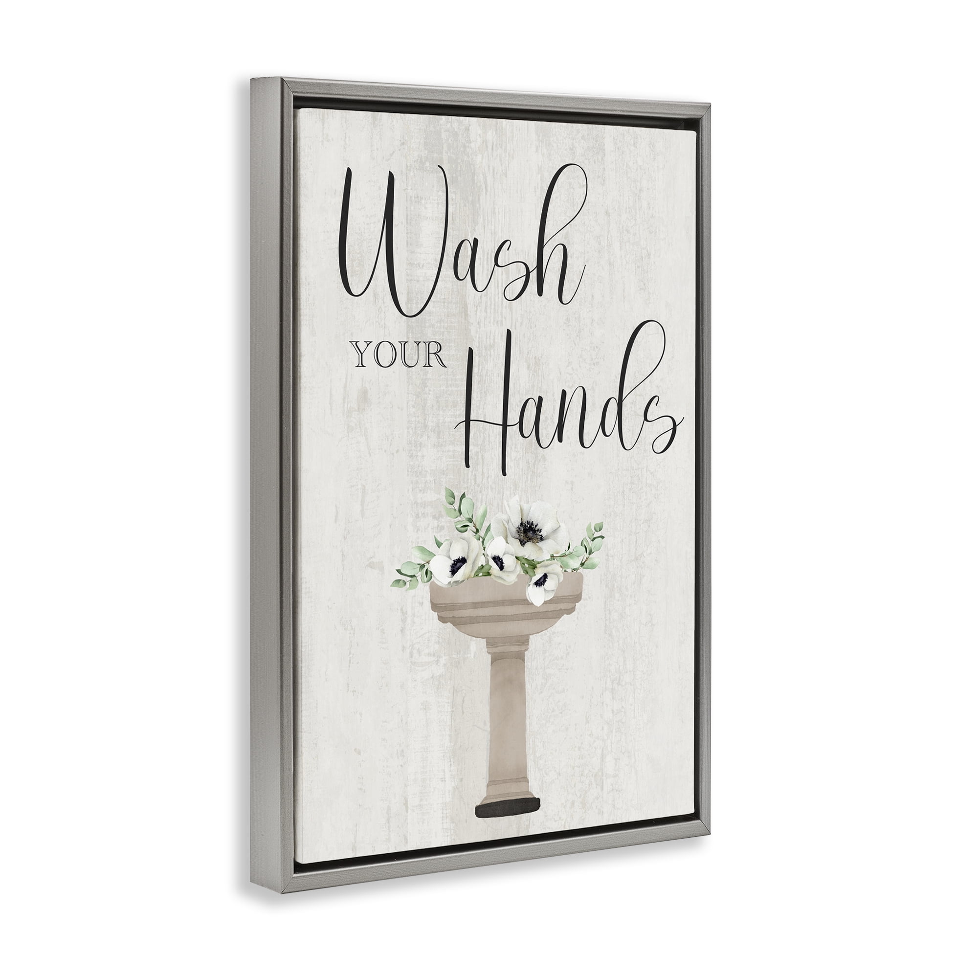 Stupell Industries Wash Your Hands Poppies Bath & Laundry Painting Gray Floater Framed Canvas Art Print Wall Art, 21 x 31