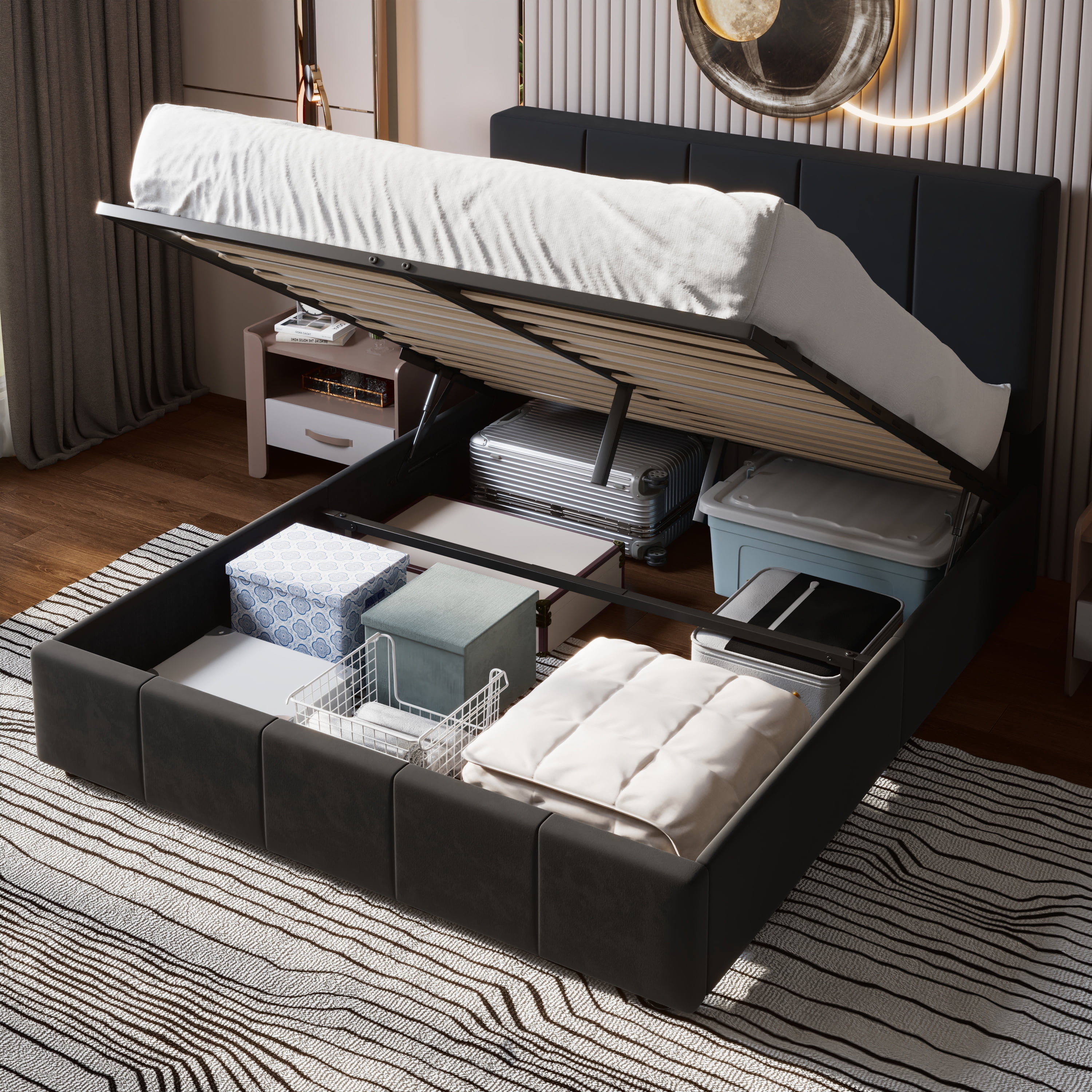 Einfach Queen Size Storage Bed Frame, Lift Up Velvet Platform Bed with Adjustable Upholstered Headboard, No Box Spring Needed, Black
