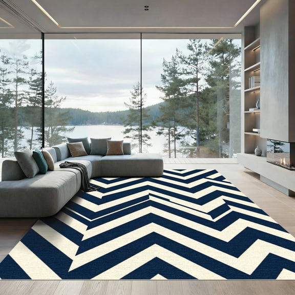 ODIKA 4'x6' Machine Washable Non-Slip Area Rug, Geometric Navy Blue High Traffic Rug, Blue, 1169980