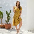 thumbnail image 2 of SWSMCLT Women's Short Sleeve Dresses Smocked Spring Sundress V Neck Dress Fall Wrap Holiday Beach Summer Yellow X-Large, 2 of 4