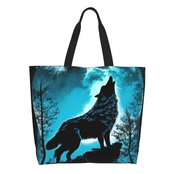 Fotbe Blue Full Moon Wolf Bolsa Tote Estética de Lona con Estampado para Mujer - Bolsa Reutilizable de Hombro Casual para Vacaciones, Compras, Trabajo y Gimnasio