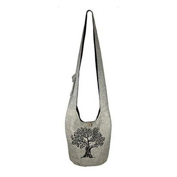 Fair Trade Large Sling Crossbody Shoulder Bag Purse Hippie Hobo Gypsy Bohemian, Grey Tree