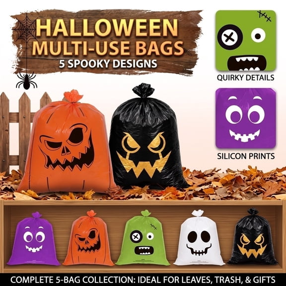 2 Pack Halloween Leaf Bags 30X24 Inch Purple Spooky Face Outdoor Halloween Decorations Yard Lawn Porch Decor for Trick Or Treat Leaves Party Supplies
