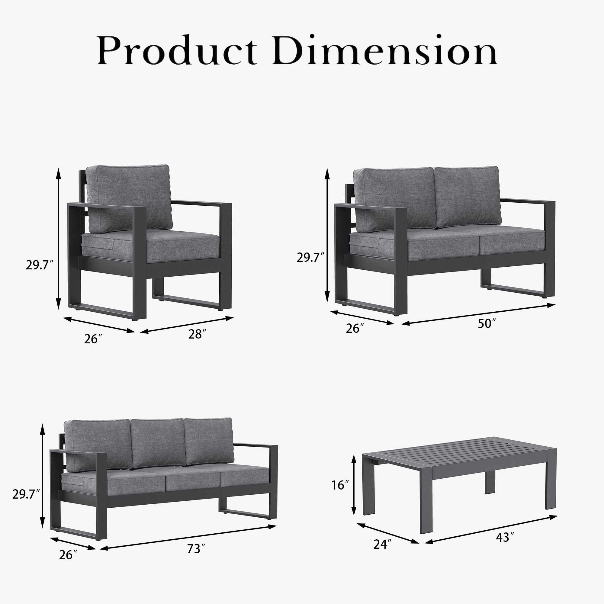 LayinSun 5 Piece Hight Back Aluminum Outdoor Furniture Set with Coffee Table, Modern Patio Conversation Sets