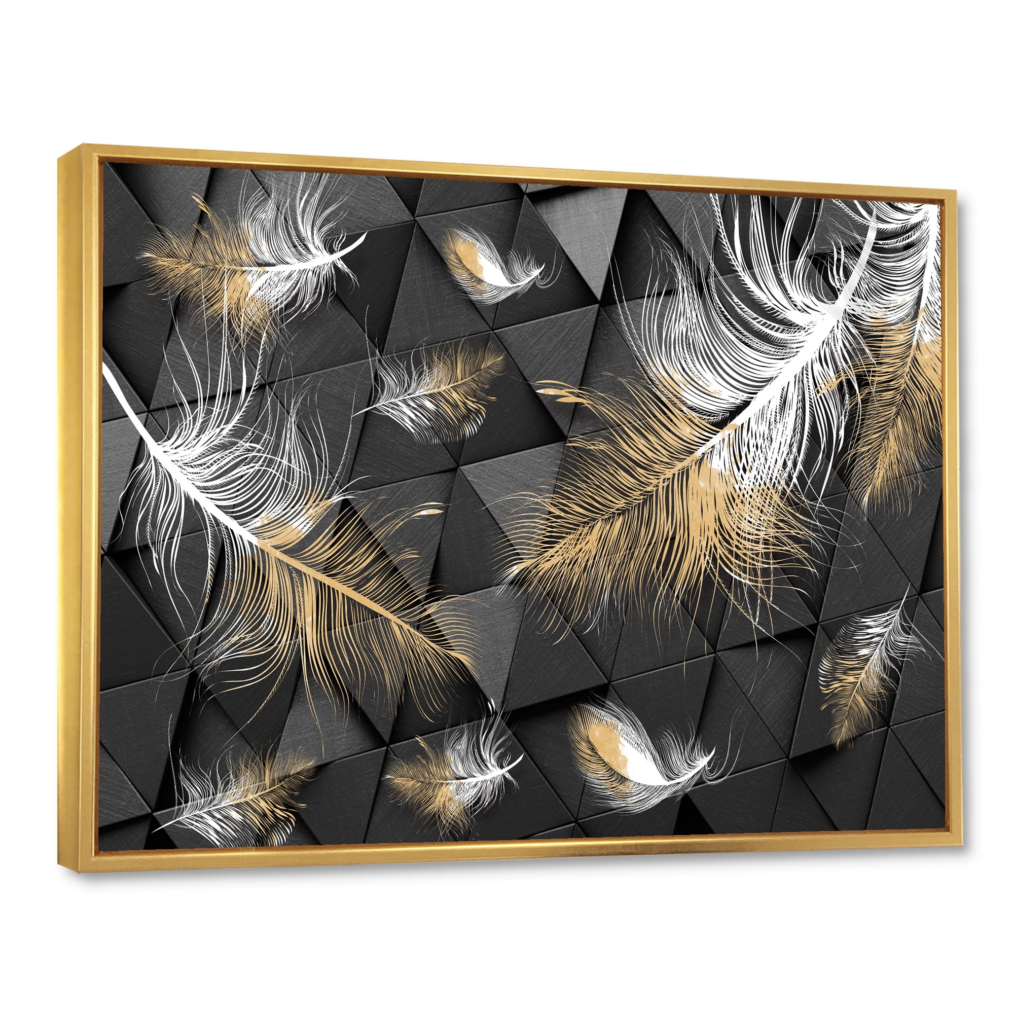 Designart 'Gold and White Feathers On Triangular' Modern Framed Canvas Wall Art Print