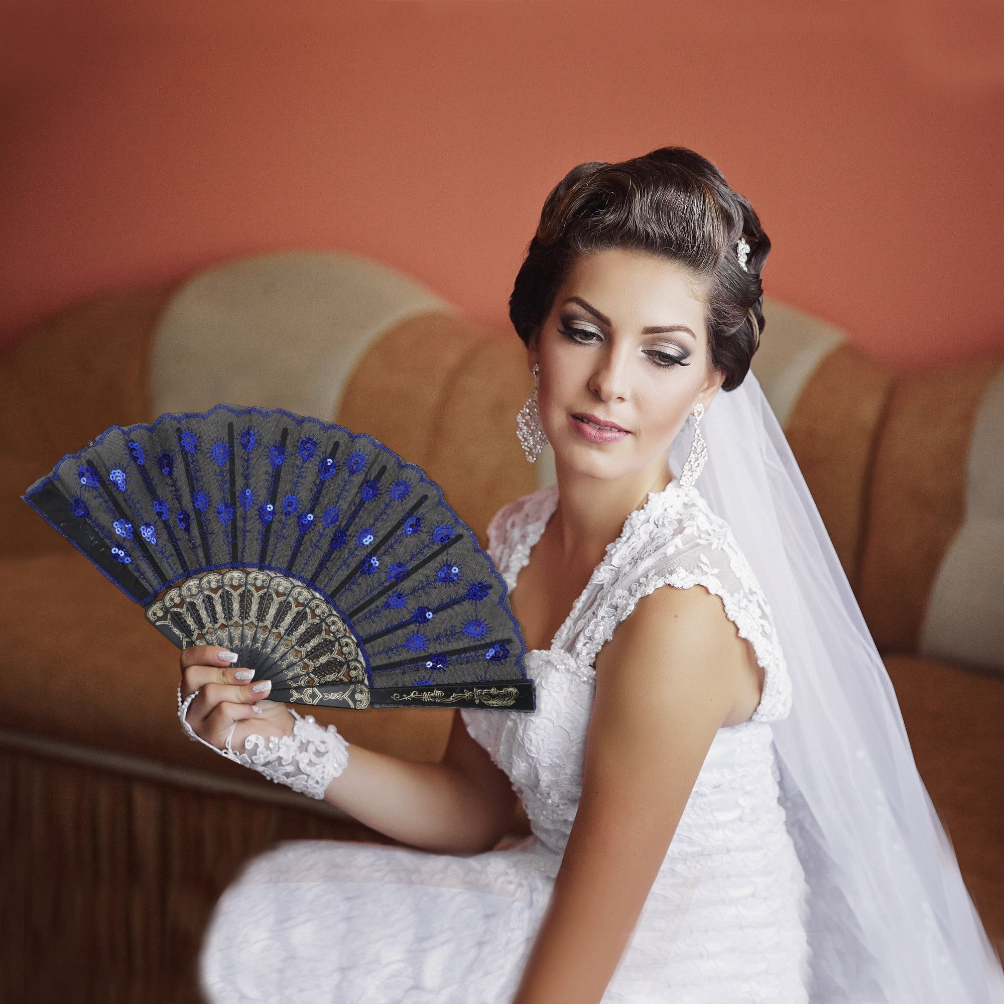 Unique Bargains Beautiful Sequins Folding Fan 1 Pc Dark Blue