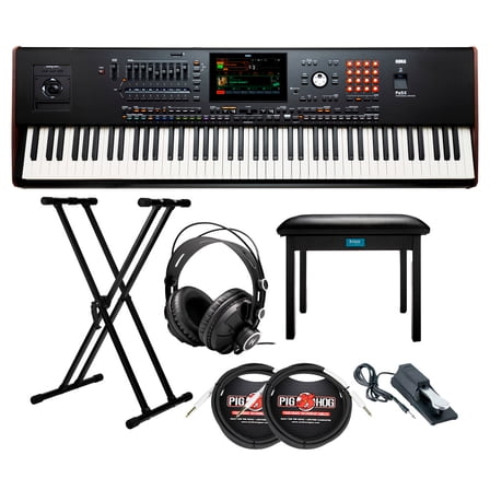 Korg 88-Key Pa5X Professional Arranger Bundle with Adjustable Keyboard Stand, Flip-Top Bench, Closed-Back Headphones, Sustain Pedal, and 1/4 Inch TS Cables (7 Items)