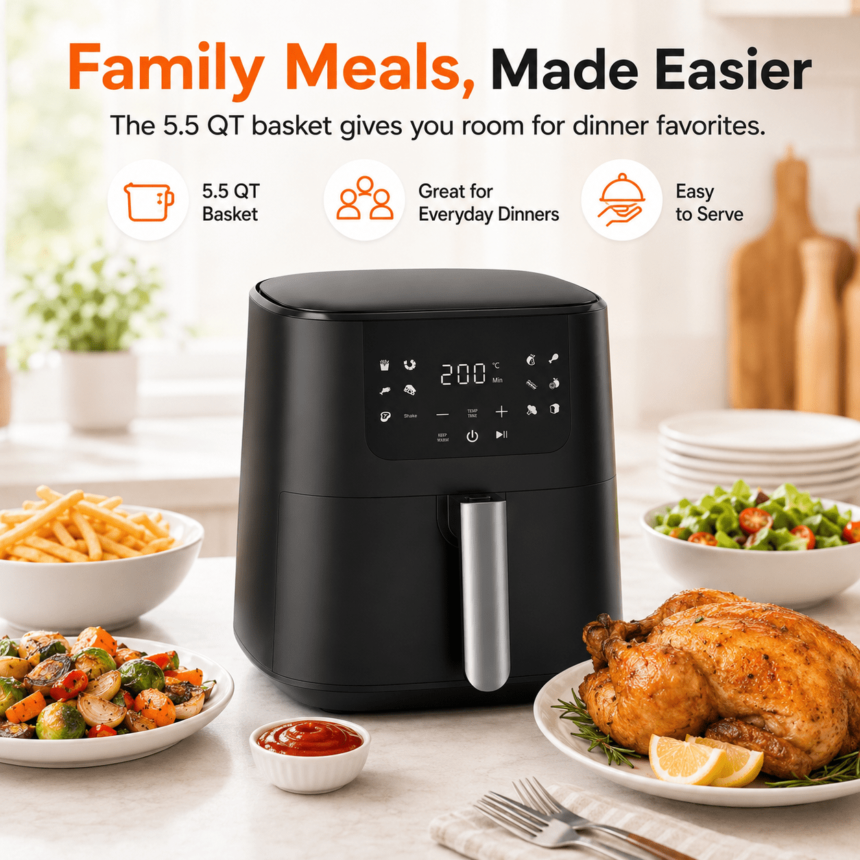 COMHOMA 5.5 QT Air Fryer, 8-in-1 Digital Countertop Air Fryer with Touchscreen, 360° Hot Air Circulation, Shake Reminder, Nonstick Dishwasher-Safe Basket